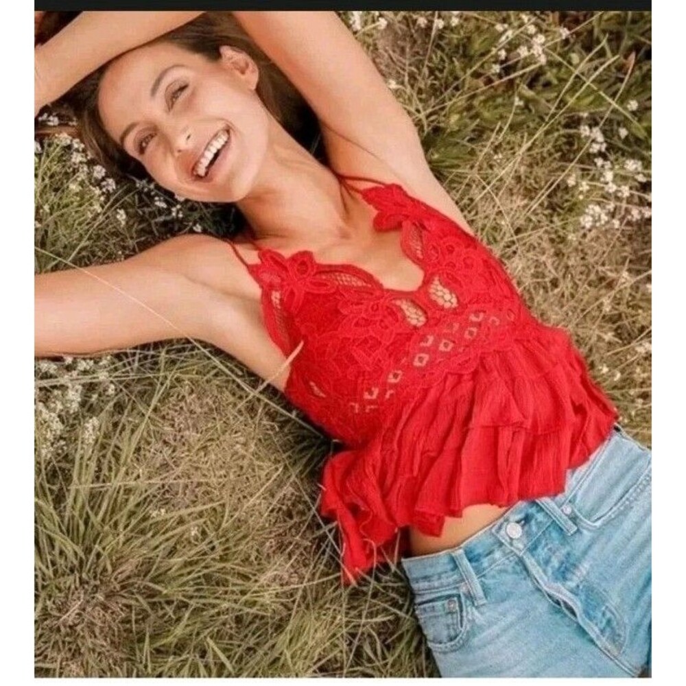 Intimately Free People Adella Cami Lace Top Cherry Red Size S NWT